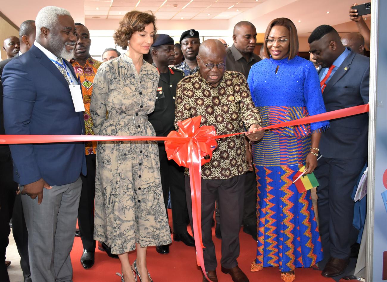 President Akuffo-Addo(2nd from right) with Ms Audrey Azoulay, Director General UNESCO (2nd from left) and Elizabeth Sackey, MCE of Accra (right)