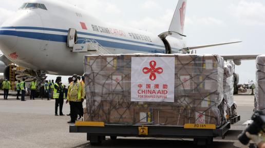 One of the pallets containing donated medical supplies